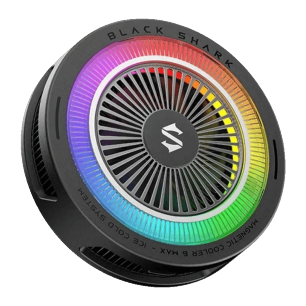 Black Shark Magnetic Cooler 6 Max MagSafe para Móvil con ventilador circular, rejilla metálica y aro LED RGB multicolor; diseño negro compacto y magnético
