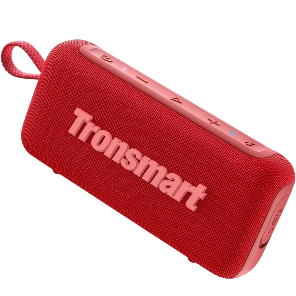 Altavoz portátil Tronsmart Trip 2 rojo, 10W, Bluetooth 5.3, malla textil, correa lateral, controles superiores, luces LED de estado, diseño compacto