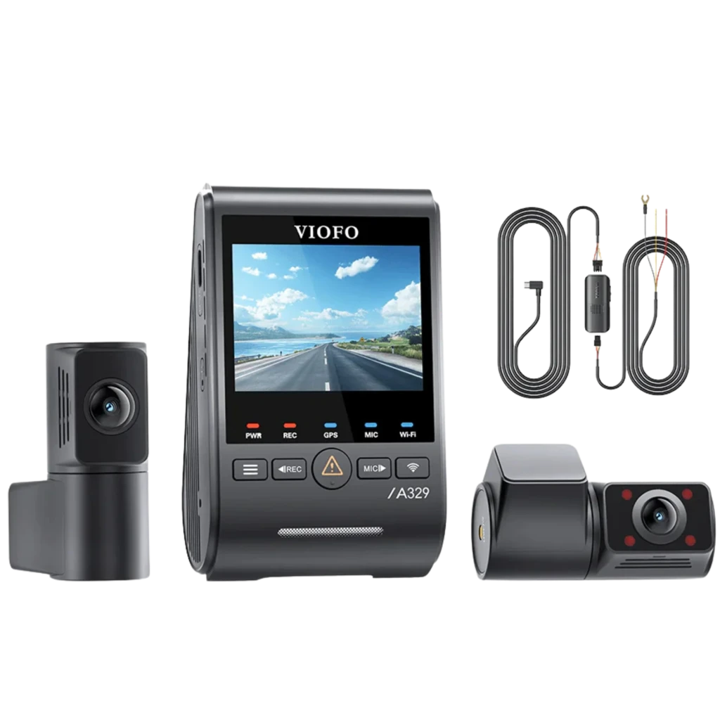 VIOFO A329S 3CH kit con cámara principal 4K, trasera 2K y fisheye 2K; pantalla a color, GPS, micrófono, LEDs de estado y cables incluidos; ángulos 140°