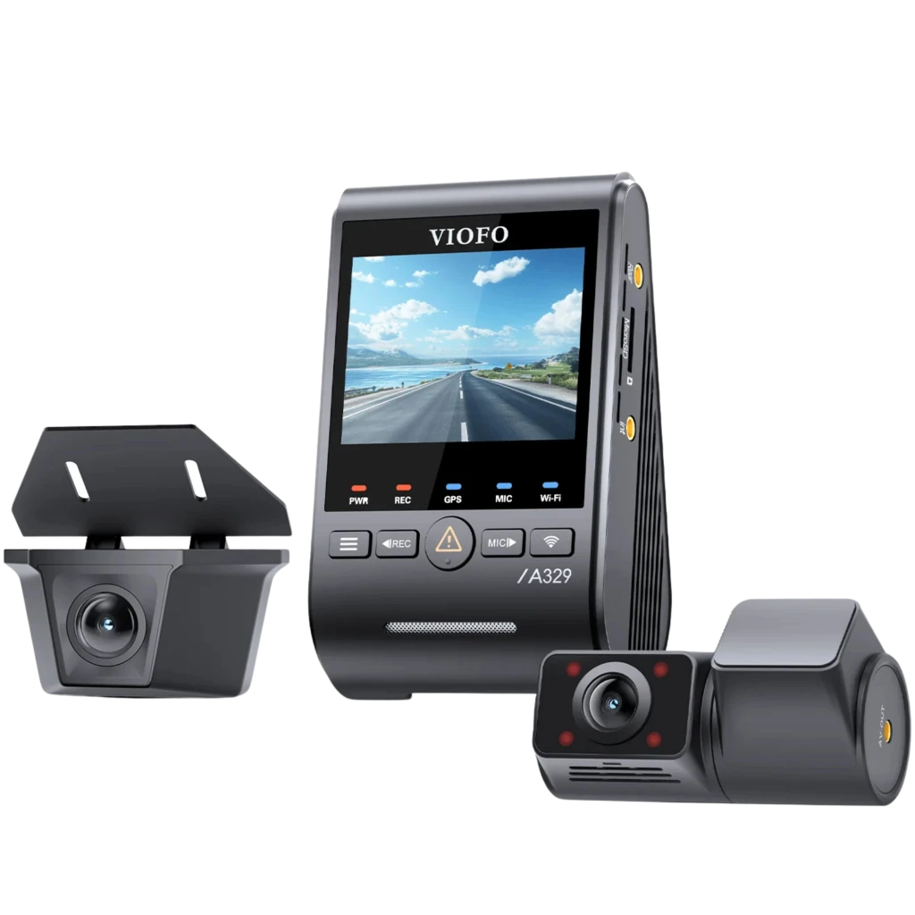 VIOFO A329SW 3CH Dashcam con pantalla, cámara frontal 4K, trasera 2K y cabina 2K; módulos compactos, botones físicos y conectividad WiFi 6