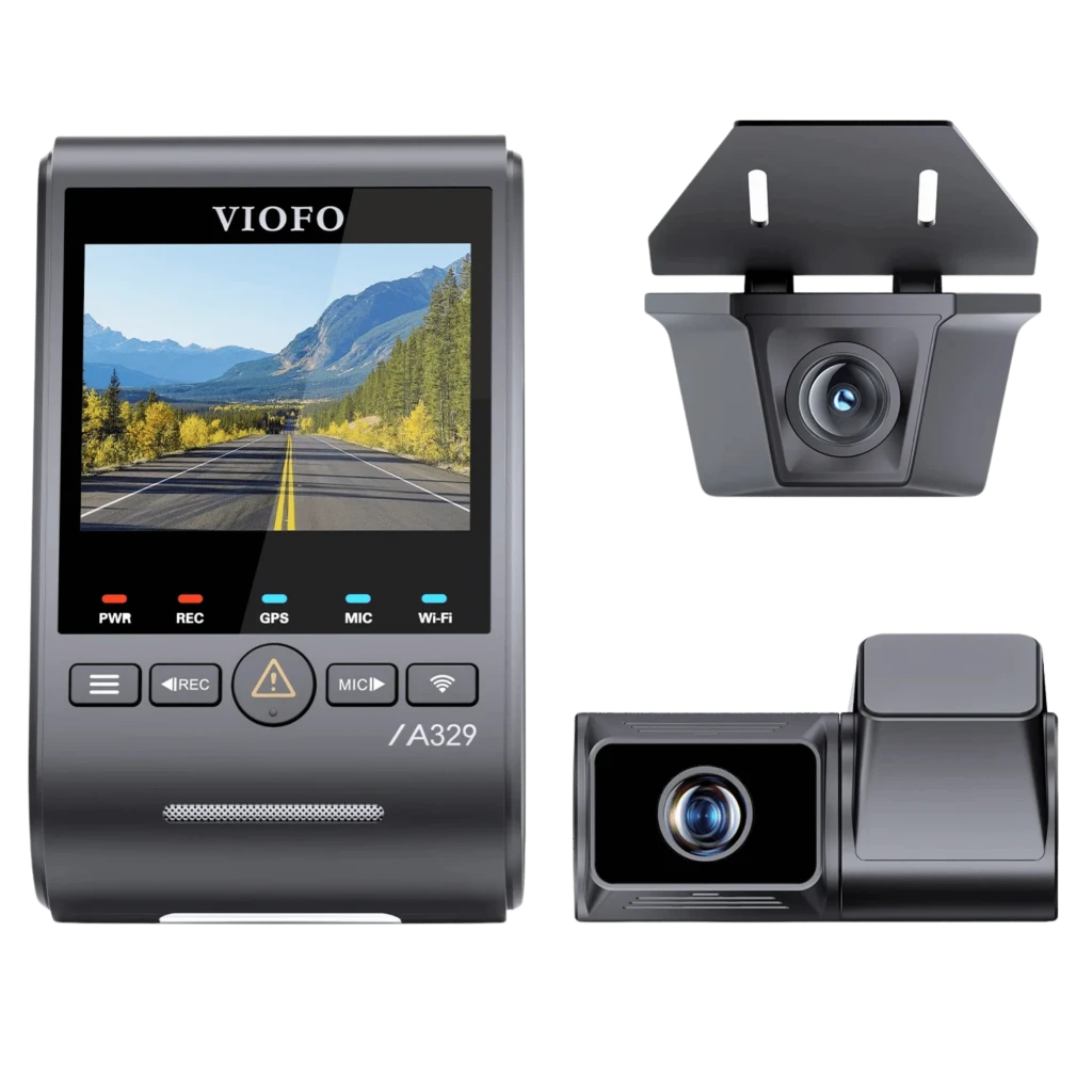 VIOFO A329TW 3CH: dash cam triple con pantalla, módulo trasero y cámara exterior IP67; lentes gran angular y teleobjetivo, grabación 4K y GPS/Wi‑Fi