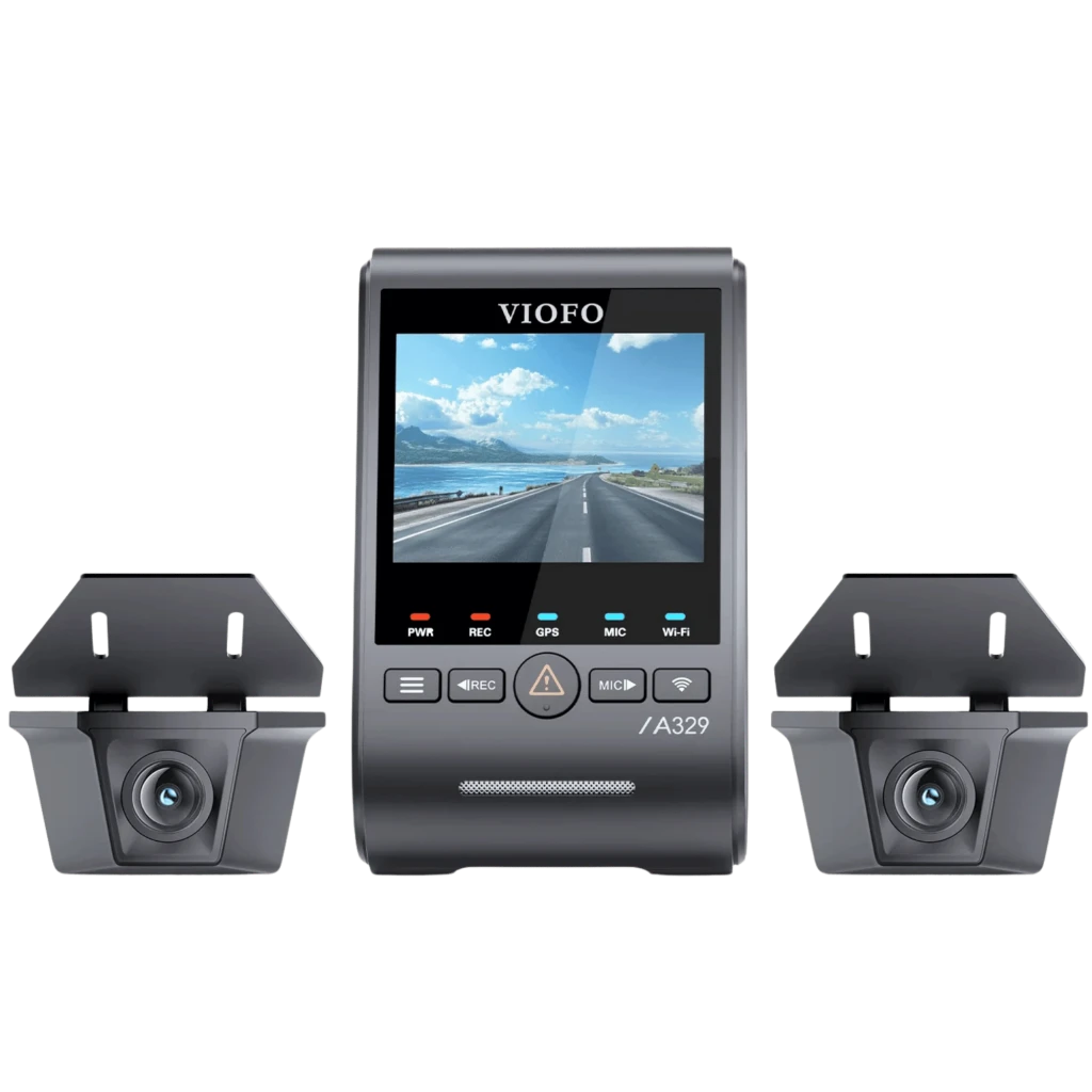 VIOFO A329WW 3CH 4K 30FPS con sensor Sony STARVIS 2, pantalla a color frontal y dos cámaras traseras impermeables, grabación triple nítida y estable