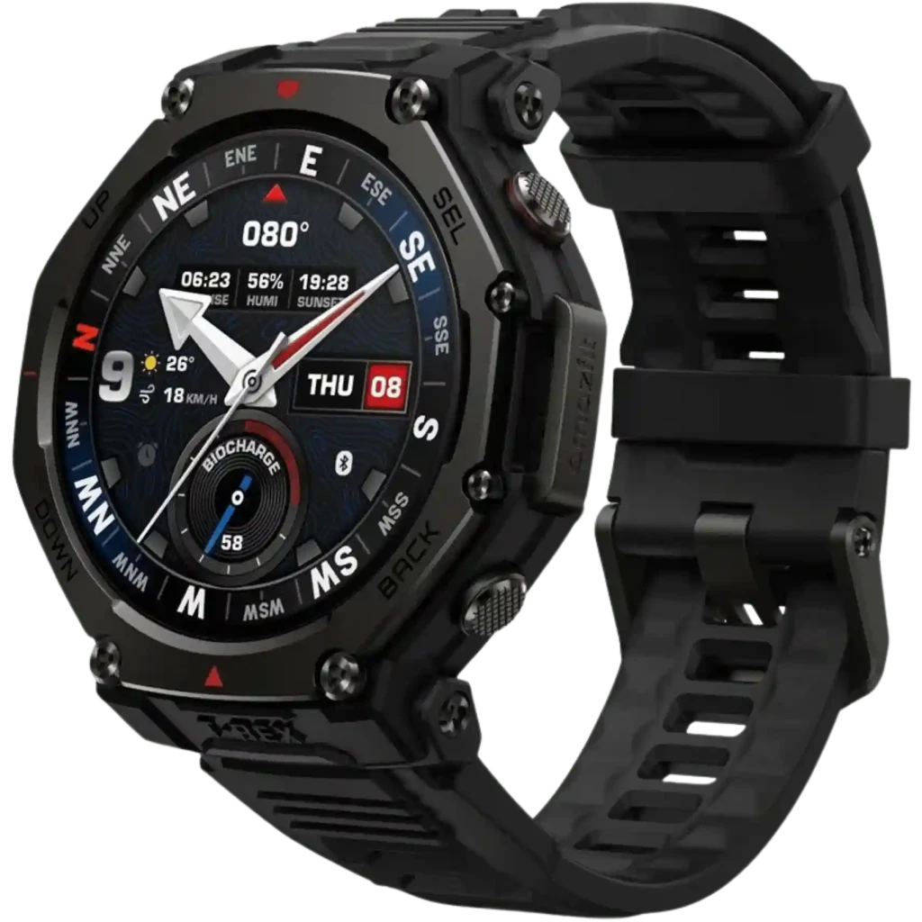 Amazfit T-Rex 3 Pro Tactical Black con caja robusta negra, bisel con brújula, pantalla circular con widgets, correa de silicona perforada y botones laterales