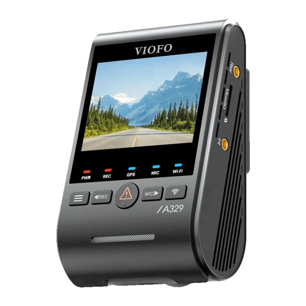 VIOFO A329S 1CH Dashcam 4K 60fps con pantalla a color, botones frontales REC y MIC, lente 140°, puertos laterales USB y AV, visión nocturna HDR y WiFi 6