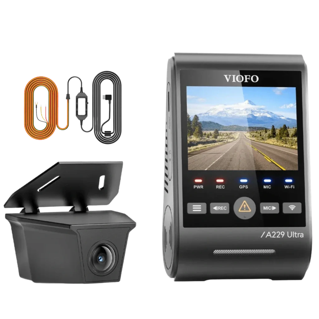 VIOFO A229 Ultra-W 2CH Dashcam 4K+4K con pantalla, botones frontales, cámaras 140° y 160°, visión nocturna, WiFi 5 GHz y cables incluidos