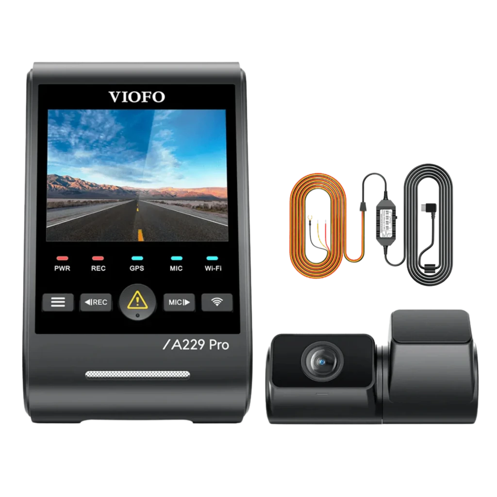 VIOFO A229 Pro Tele 3CH Dashcam 4K+2K+1080p con pantalla a color, botones LED, cámara trasera compacta y cables incluidos, WiFi 5 GHz, ángulo 140°