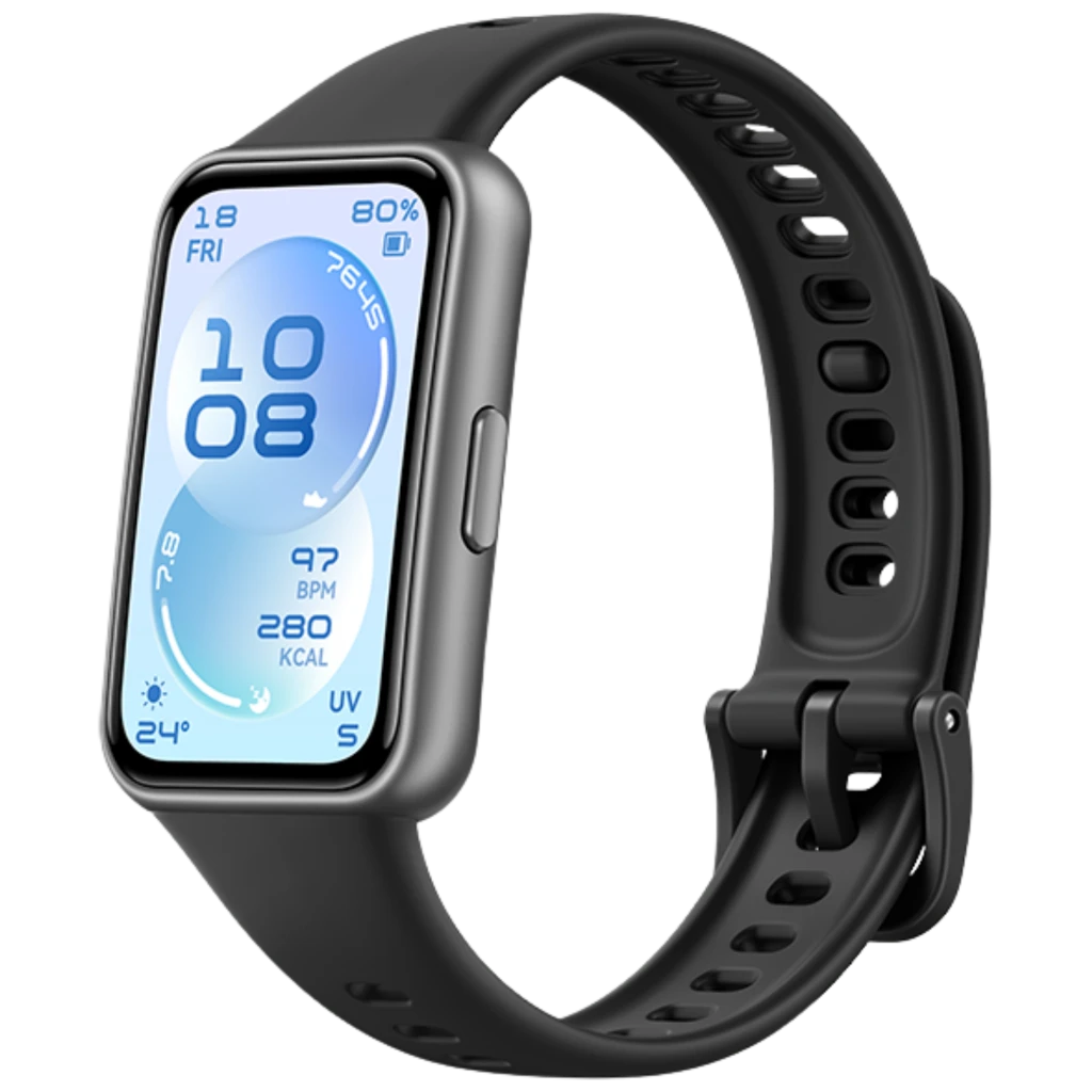 Huawei Band 11 negra con pantalla AMOLED 1,62 pulgadas, cuerpo curvo plateado, correa perforada ajustable y botón lateral; esfera clara con iconos de salud