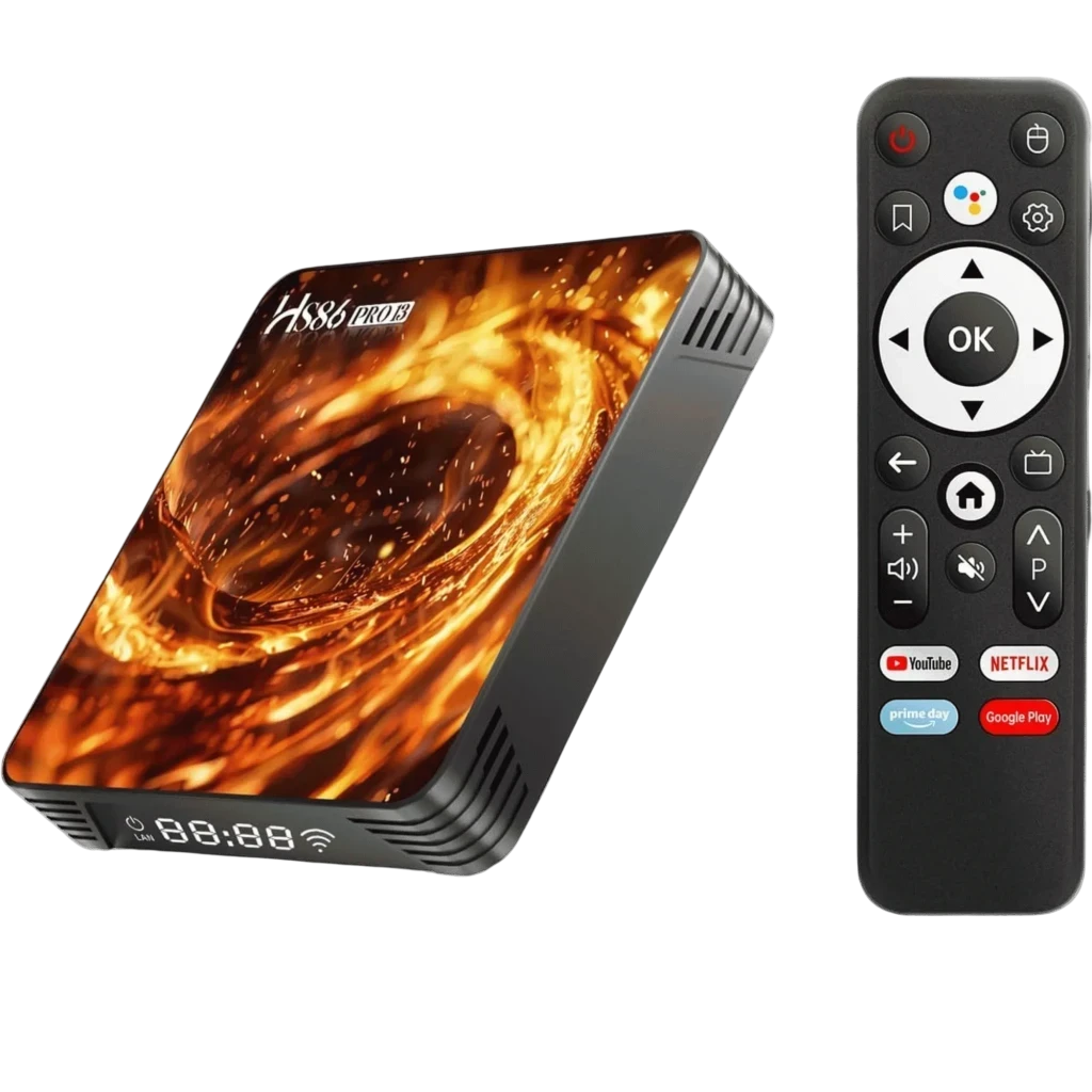 HS86 Pro13 TV box negro con pantalla superior de remolino dorado, indicador LED frontal y ventilación lateral; control remoto con botones de apps y navegación