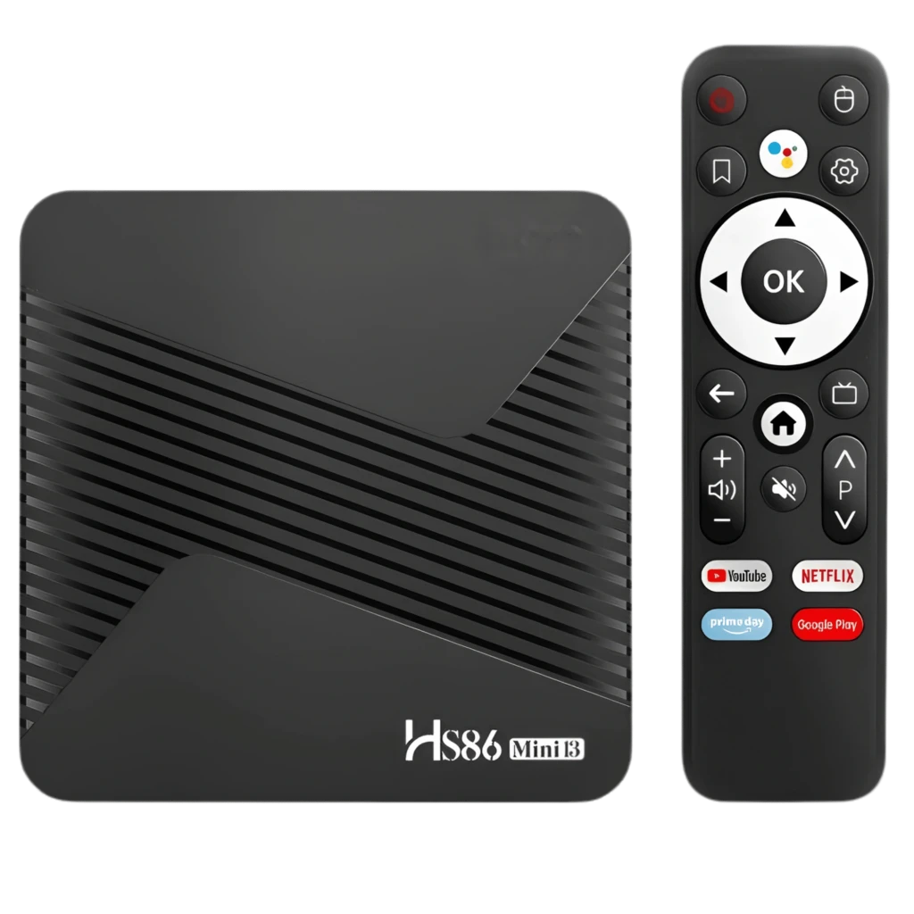 MINI13 HS86 2GB/16GB Android TV Box 8K negro mate con tapa texturizada en X y logo HS86 Mini13; incluye control remoto con botones Netflix, YouTube y Google