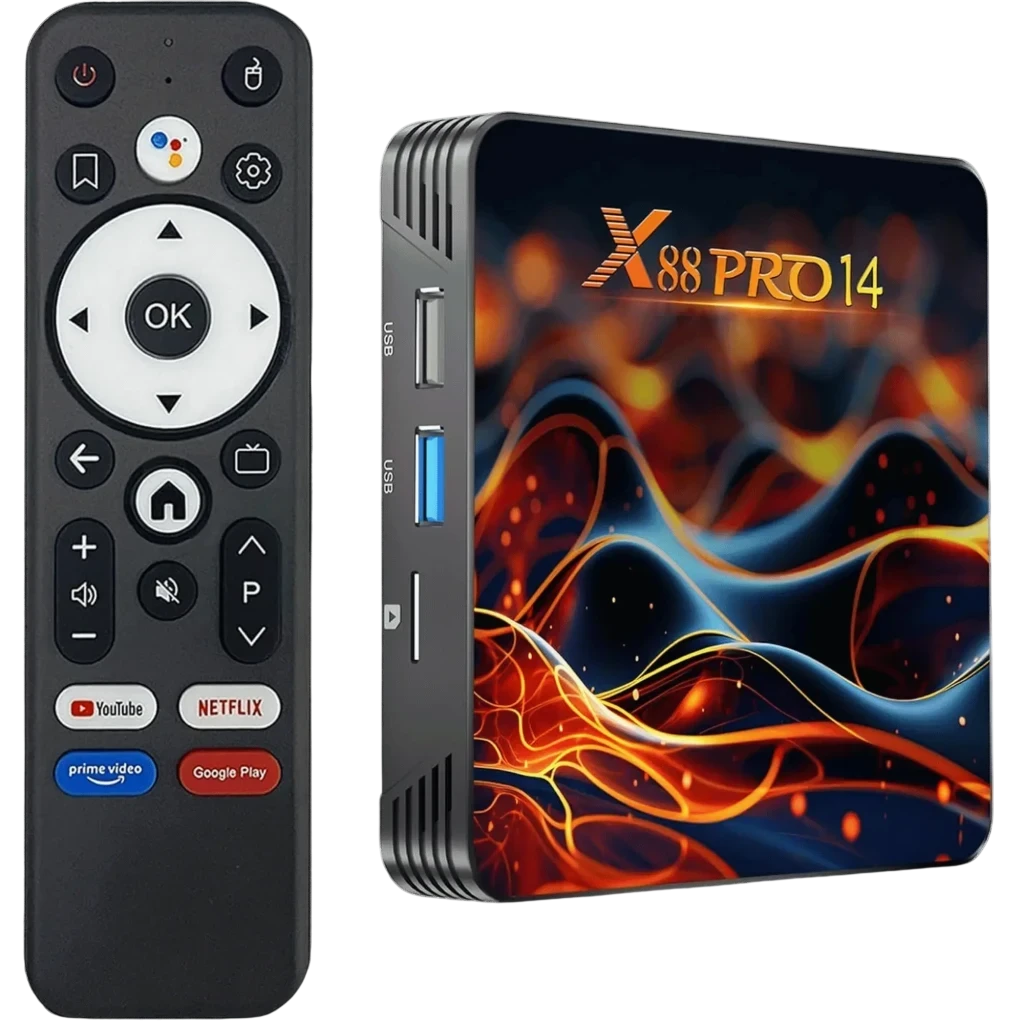 Android TV Box X88 PRO14 compacto con diseño gráfico colorido, puertos USB y ranuras laterales, y control remoto con teclas de acceso a apps y navegación