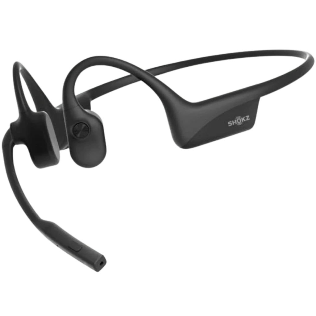 Auriculares Shokz Opencomm 2 2025 de conducción ósea en color negro con micrófono boom DSP, diseño ligero de diadema trasera y almohadillas abiertas