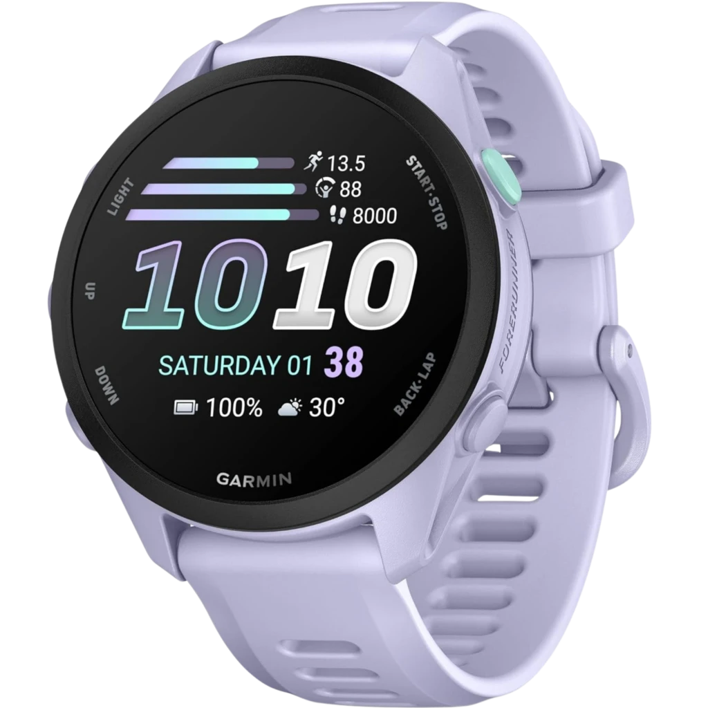 Garmin Forerunner 70 smartwatch lila con pantalla AMOLED 1,2 pulgadas, correa perforada, bisel negro, botones laterales y esfera con métricas de salud y