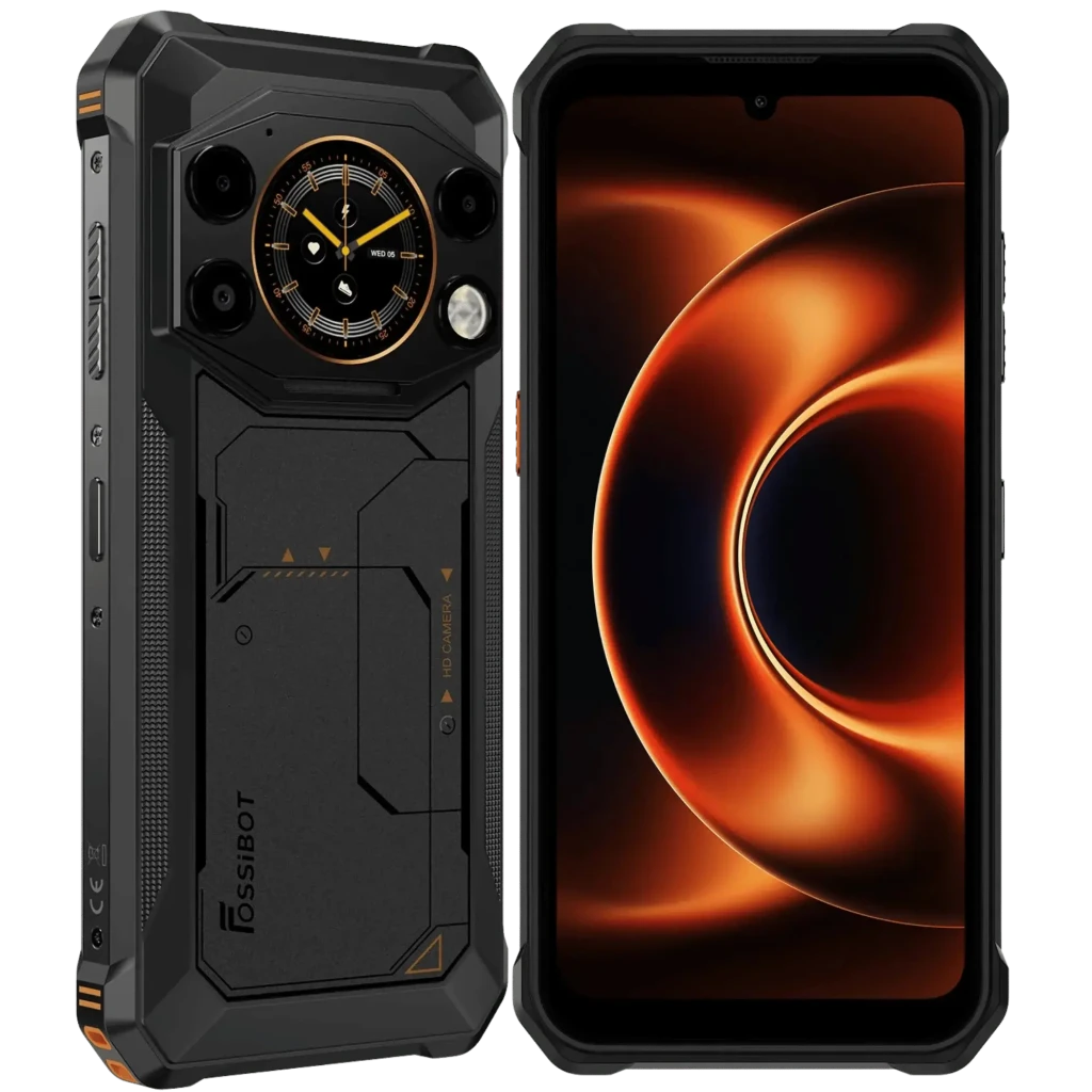 Smartphone robusto Fossibot F117 5G naranja con marco reforzado, pantalla 6,75 pulgadas 120Hz, triple cámara trasera y detalles metálicos industriales