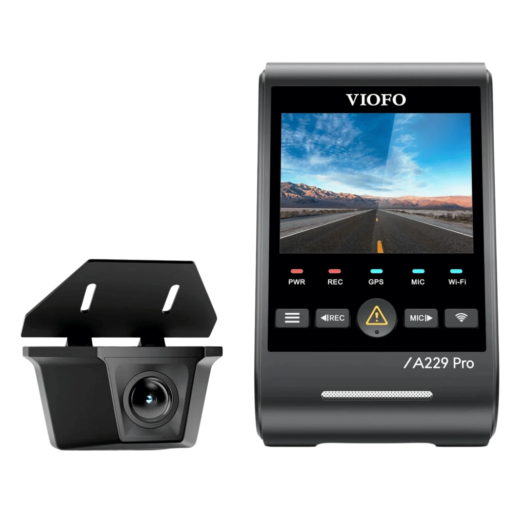 VIOFO A229 Pro-W 2CH 4K Delantera + 2K Trasera con doble cámara Sony STARVIS 2, pantalla a color, GPS, Wi‑Fi, botones frontales y módulo trasero compacto