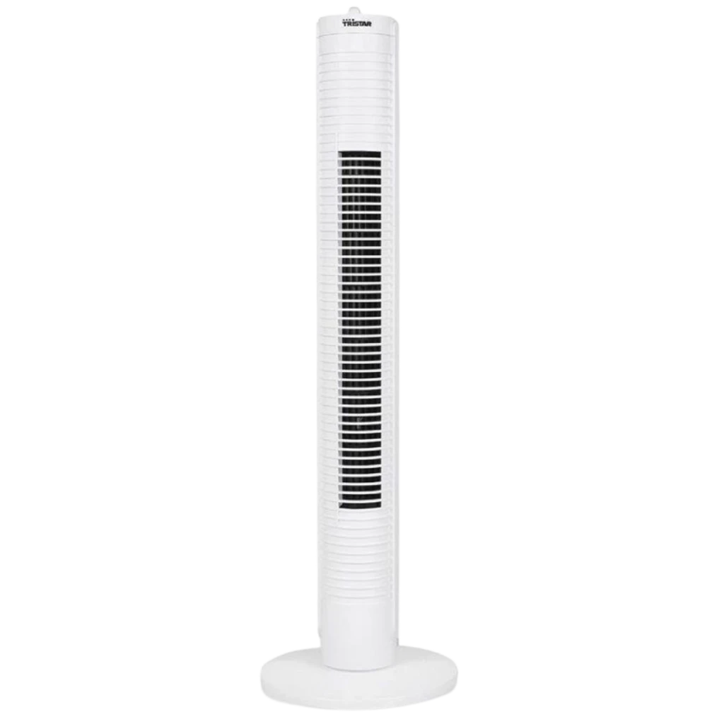 Tristar VE-5900 Ventilador Torre 35 W en color blanco, diseño alto y esbelto con rejilla frontal negra, base redonda estable y 3 velocidades ajustables