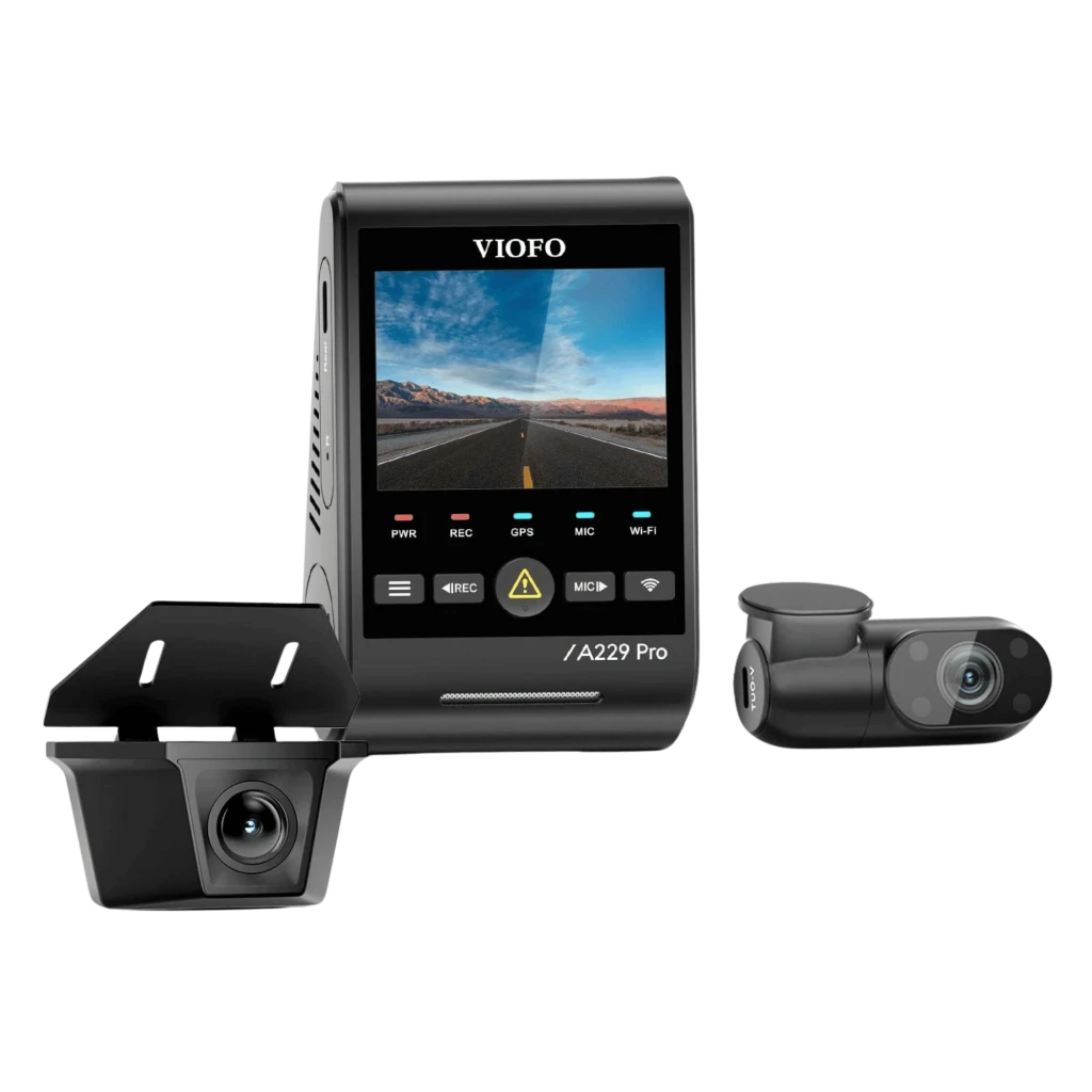 Cámara dash VIOFO A229 Pro-W 3CH con pantalla LCD, módulo frontal con lente angular, cámara trasera compacta e impermeable y soporte discreto en negro