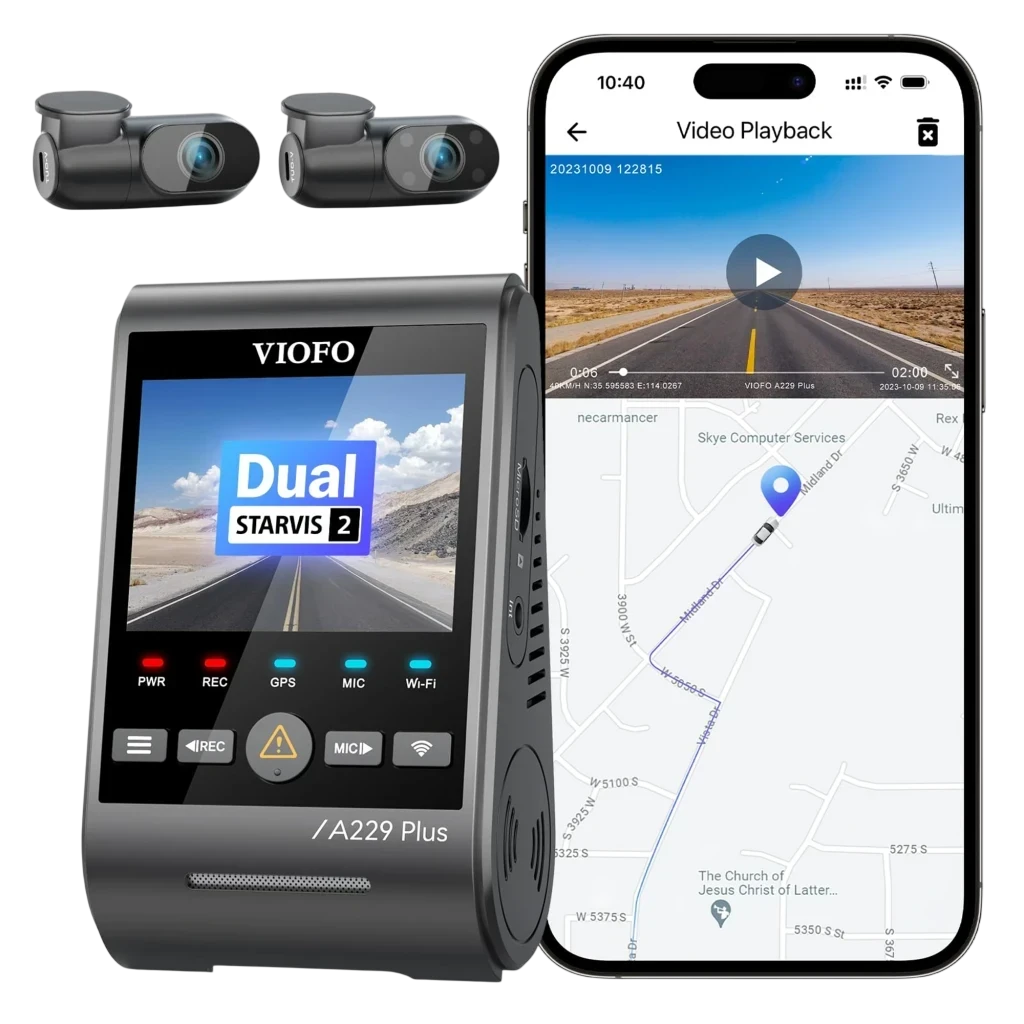 VIOFO A229 Plus 3CH con pantalla, botones PWR/REC/GPS/MIC/Wi-Fi, dos cámaras compactas 2K y vista interior 1080P, app móvil con mapa y reproducción