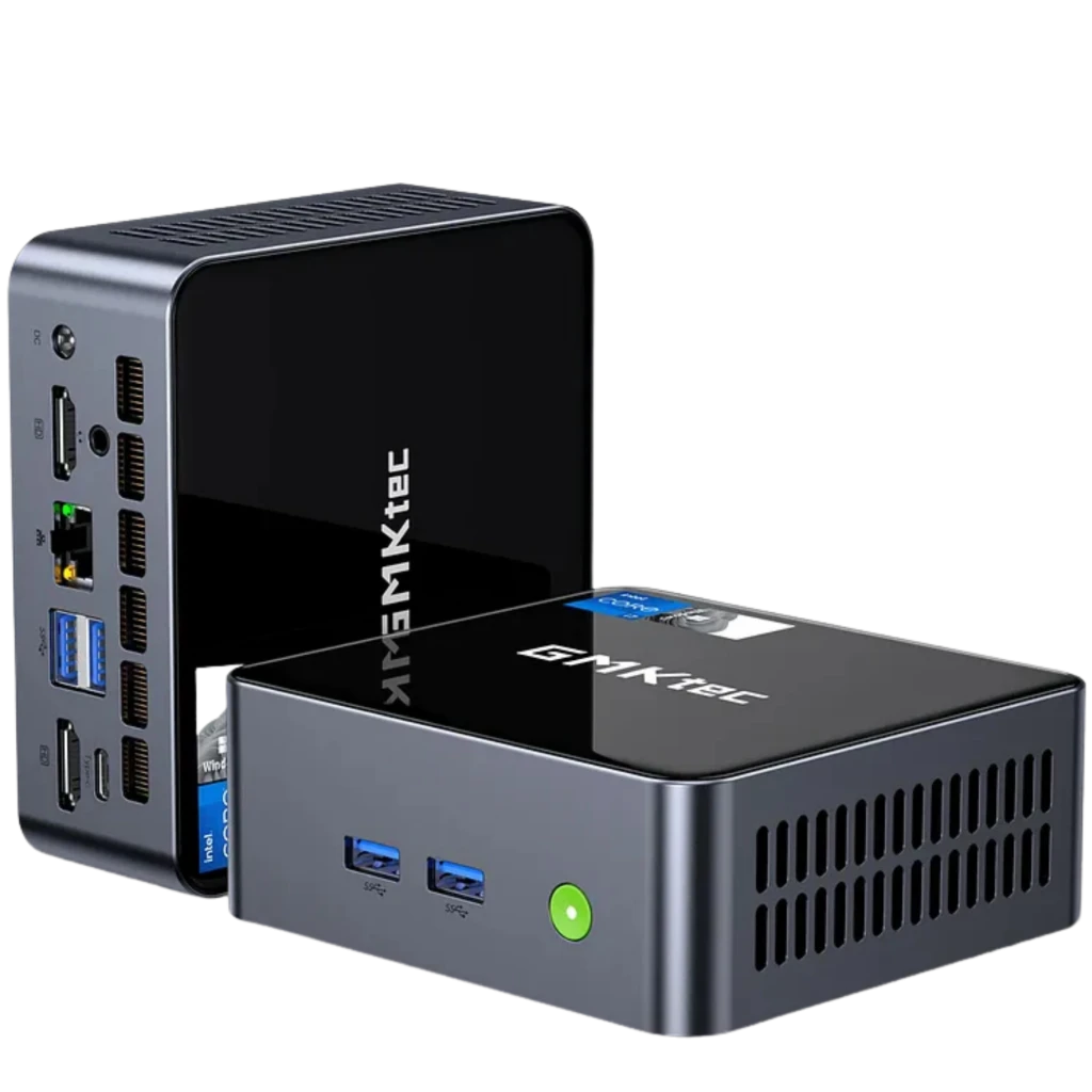 Mini PC GMKtec NucBox M3 negra con puertos frontales USB 3.0, botón de encendido y rejillas de ventilación; lateral con HDMI, USB, RJ45 y audio