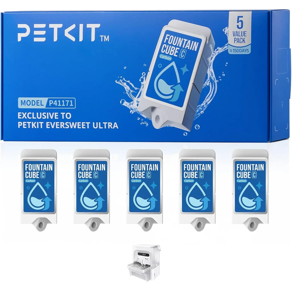 Filtro de repuesto PETKIT Fountain Cube C Pack 5 unidades: 5 cartuchos azules rectangulares con gota blanca y pestaña de encaje, caja azul con marca PETKIT