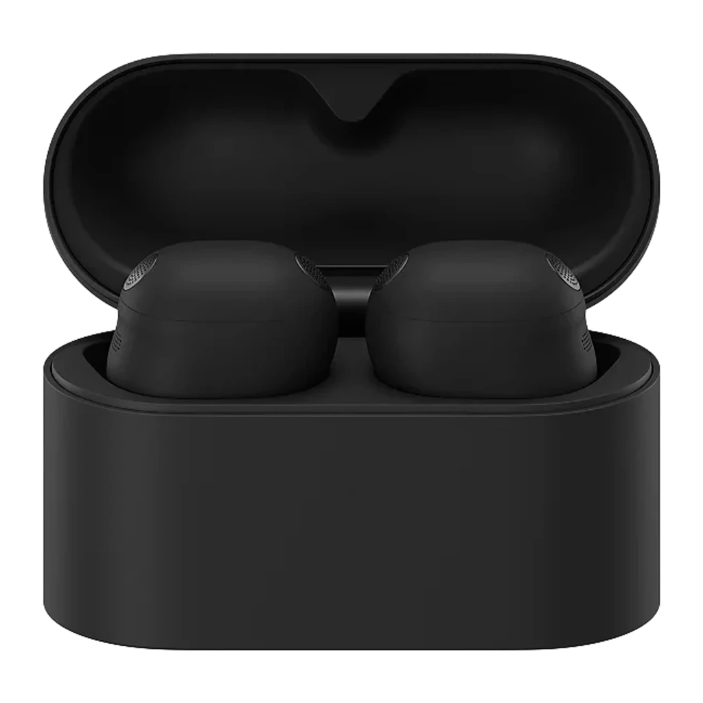 Estuche de carga negro con dos earbuds WF-1000XM6 Sony; diseño compacto mate, ajuste in-ear, indicadores sutiles y acabado premium para TWS inalámbricos