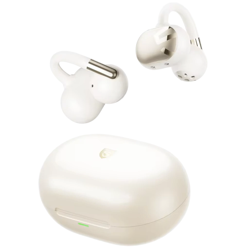 SoundPEATS Clip1 Auriculares Bluetooth Beige con estuche ovalado brillante, indicadores LED verdes, diseño in-ear con ganchos cortos y acabado perlado elegante