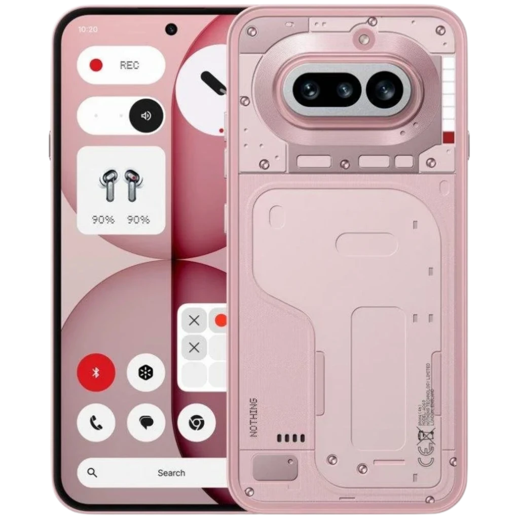 Nothing Phone 4a 5G rosa con tapa trasera transparente y módulos visibles, doble cámara horizontal, frontal con pantalla AMOLED LTPS 6,78 y biseles finos