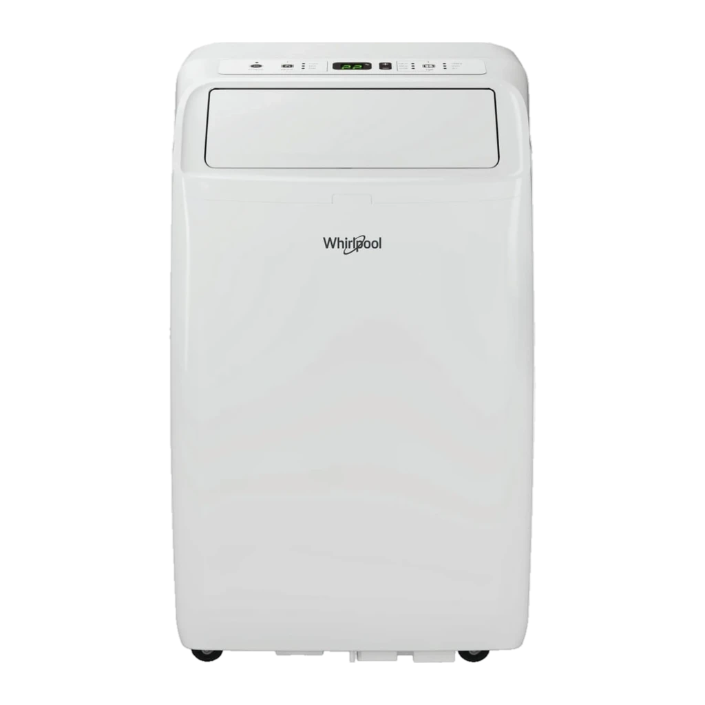 Aire acondicionado portátil Whirlpool PACF212CO W blanco, panel superior con pantalla LED y controles táctiles, rejilla frontal abatible, ruedas inferiores