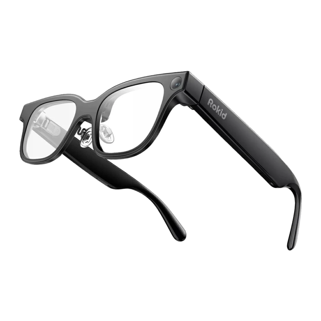Rokid AI Glasses Negro con cámara 12MP, altavoces integrados y 4 micrófonos; montura negra elegante con patillas gruesas y lentes transparentes AR