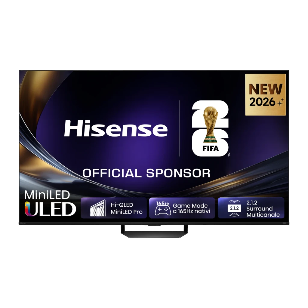 Televisor Hisense 75U7S PRO Mini LED 75 pulgadas 4K con panel ULED, logo FIFA 2026, modo juego 165 Hz, soporte central metálico y marco delgado negro