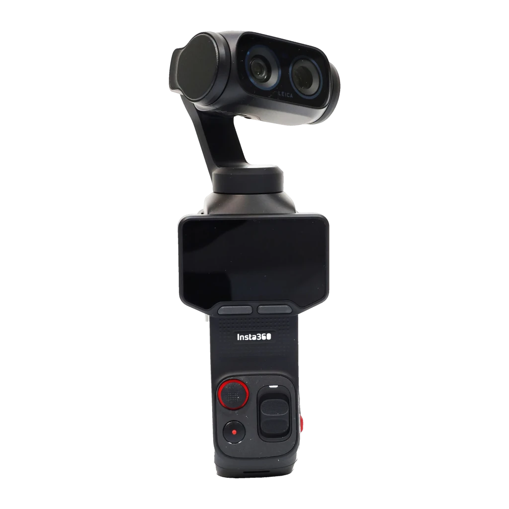 Insta360 Luna Ultra con módulo de cámara dual Leica sobre gimbal de 3 ejes, pantalla integrada y mango con botones grandes, rueda y luz de grabación