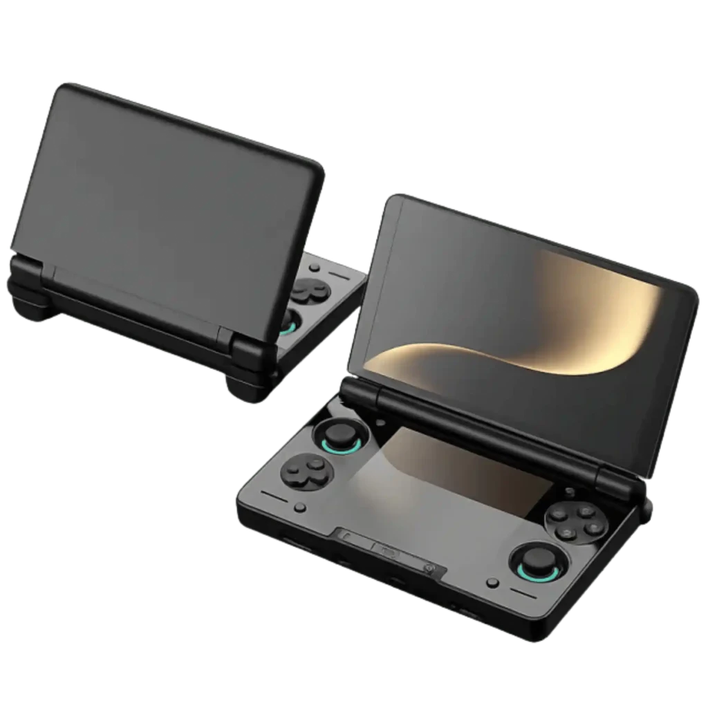 AYN Thor Black 8GB/128GB con pantalla dual, diseño plegable, joysticks análogos con aros verdes, cruceta y botones ABXY, carcasa negra compacta portátil