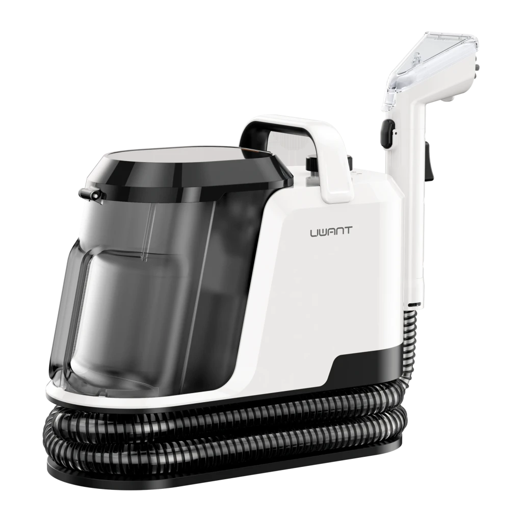Aspiradora de tapicería Uwant Y100 con depósito transparente, manguera corrugada larga y cabezal manual blanco; diseño compacto, 600W y 18 kPa