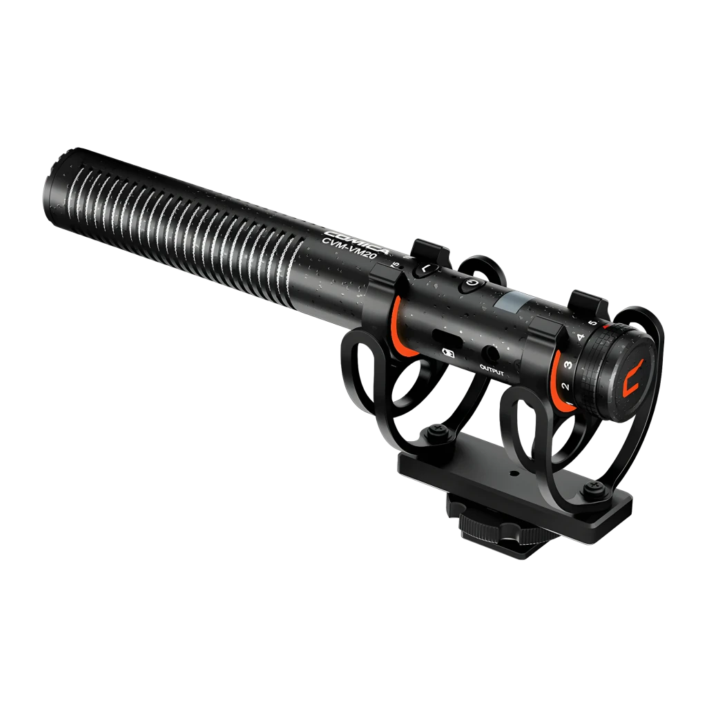 Micrófono Comica CVM-VM20 shotgun supercardioide negro, cuerpo metálico ranurado, control de ganancia, filtro y montaje antichoque con zapata para cámara