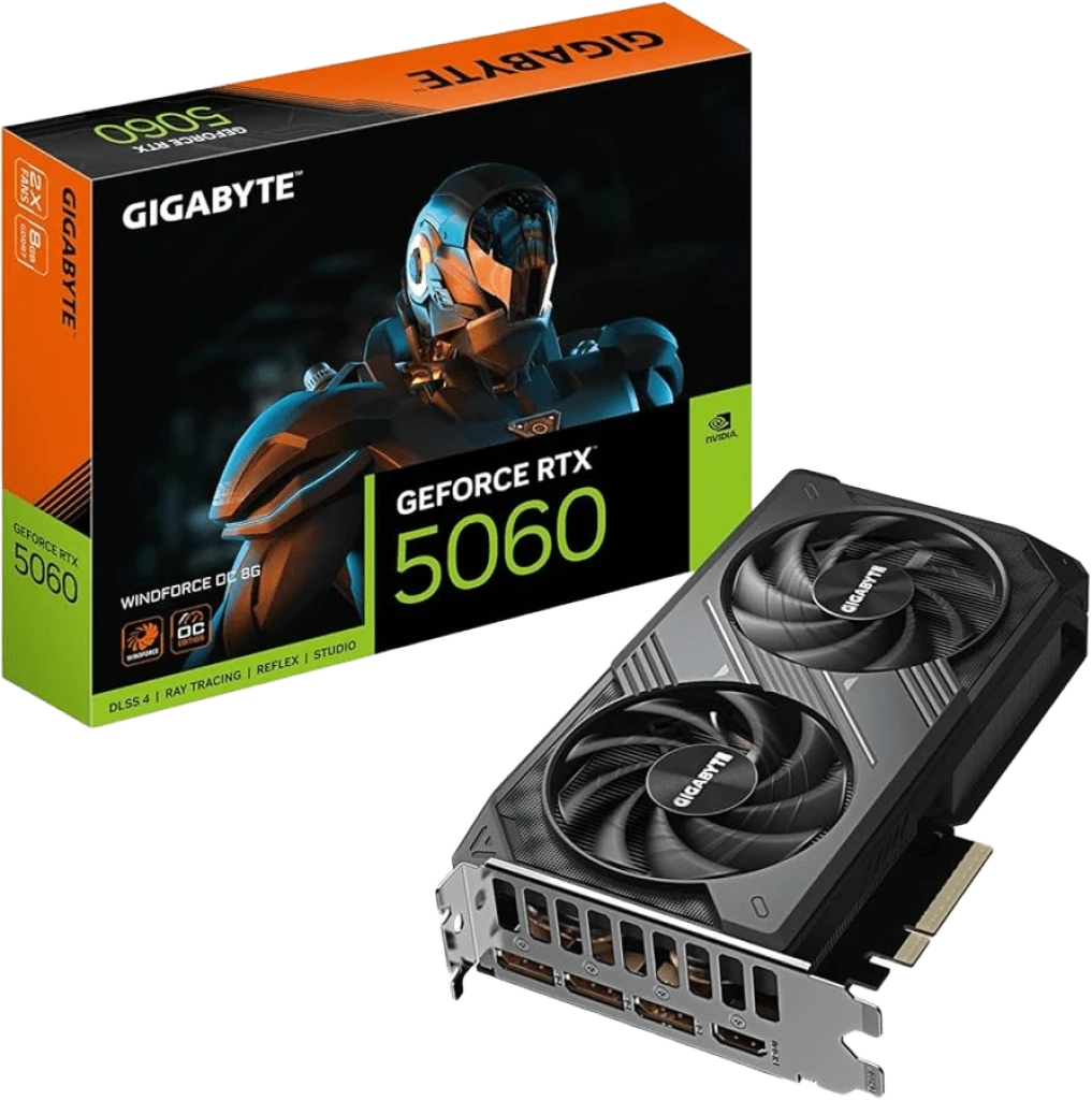 Gigabyte GeForce RTX 5060 WINDFORCE OC 8GB Negro, vista frontal: tarjeta gráfica con doble ventilador y caja de embalaje