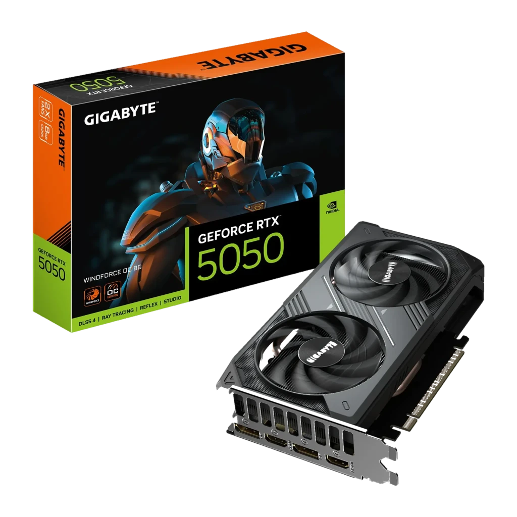 Gigabyte GeForce RTX 5050 Windforce OC 8GB negro, caja y tarjeta: embalaje con producto
