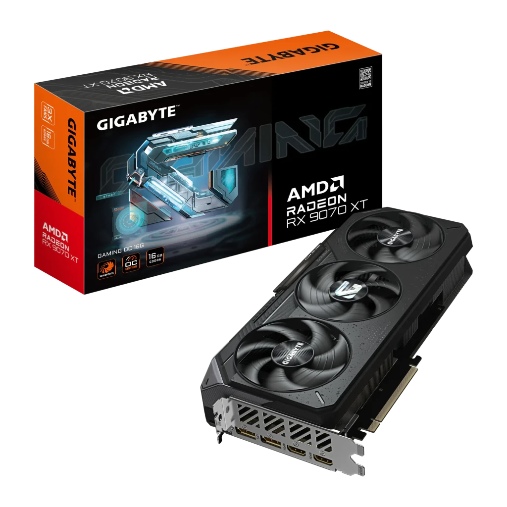 Gigabyte RX 9070 XT Gaming OC 16GB Negro, producto y caja: tarjeta con triple ventilador junto a su packaging naranja y negro