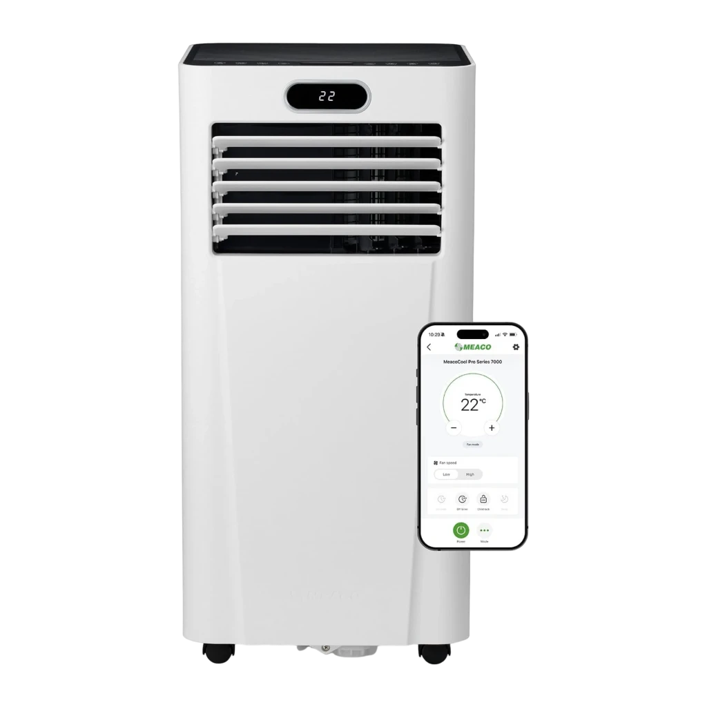 Aire acondicionado portátil blanco con pantalla LED 22, rejillas horizontales, ruedas inferiores y control por app móvil vía WiFi; diseño compacto para 22