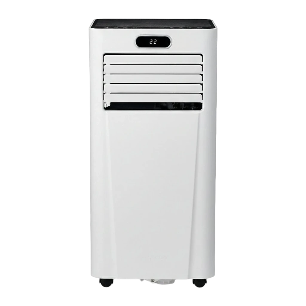 Aire acondicionado portátil blanco con panel superior negro, pantalla LED 22, rejillas frontales ajustables y ruedas inferiores; diseño compacto y moderno