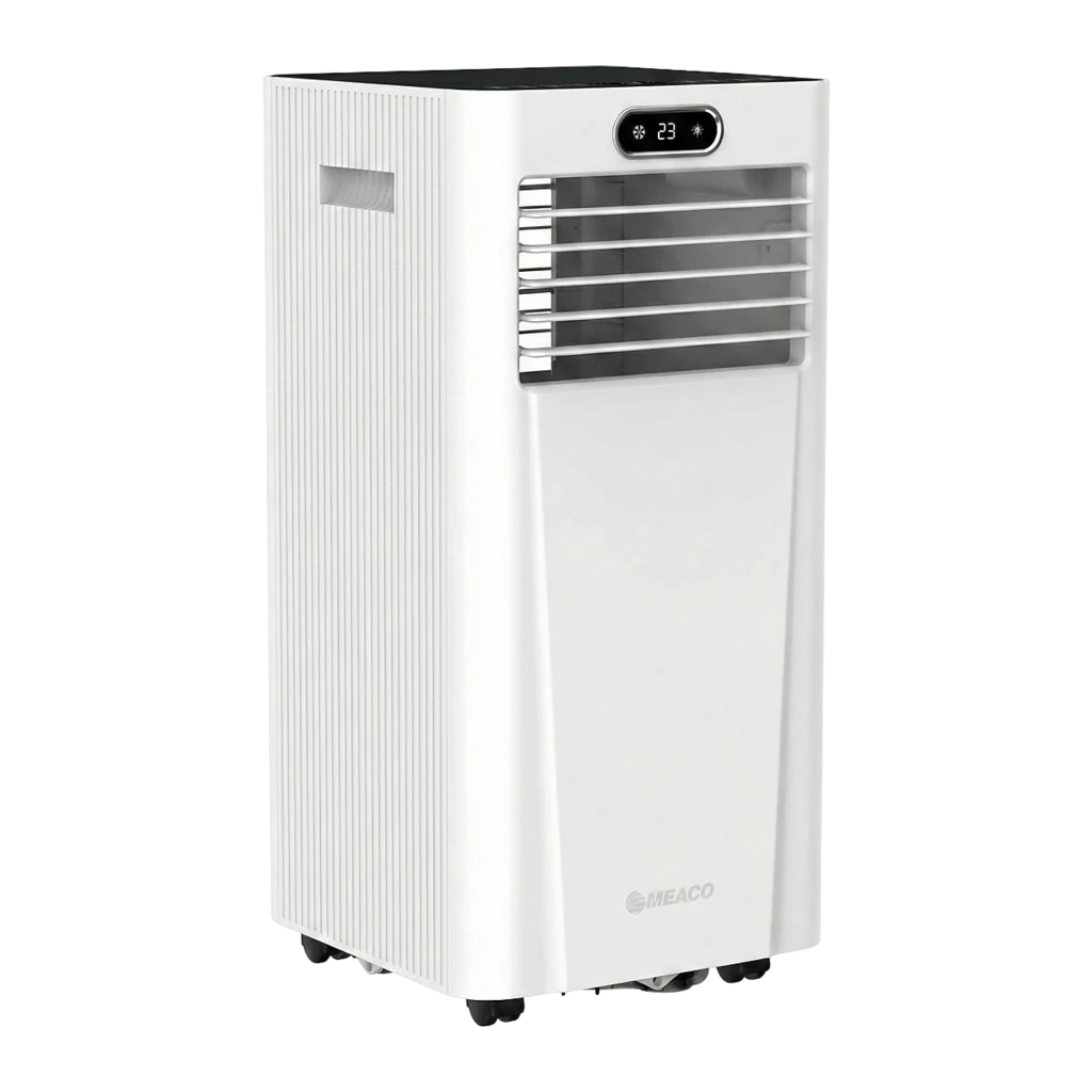 Aire acondicionado portátil blanco con panel digital superior, rejillas frontales horizontales ajustables, carcasa con ranuras laterales y ruedas para fácil