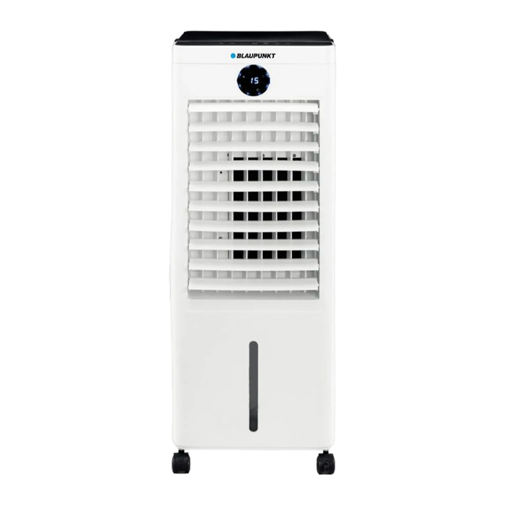 Climatizador evaporativo Blaupunkt BP2024 100W, panel digital frontal, rejilla ajustable, depósito visible, cuerpo blanco compacto con ruedas y 3 velocidades
