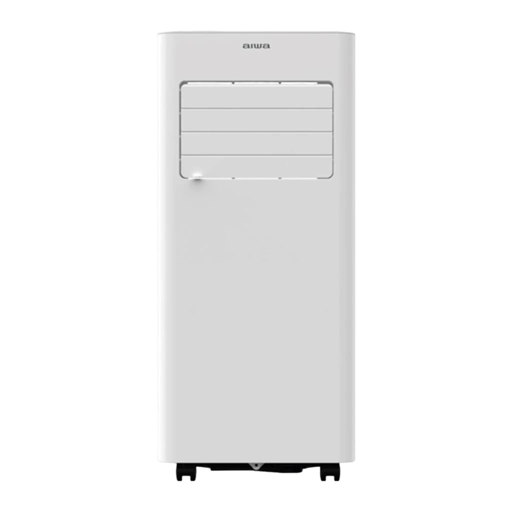 Aire acondicionado portátil Aiwa blanco con panel frontal liso, rejillas horizontales ajustables, rueda visible inferior y diseño compacto con bordes