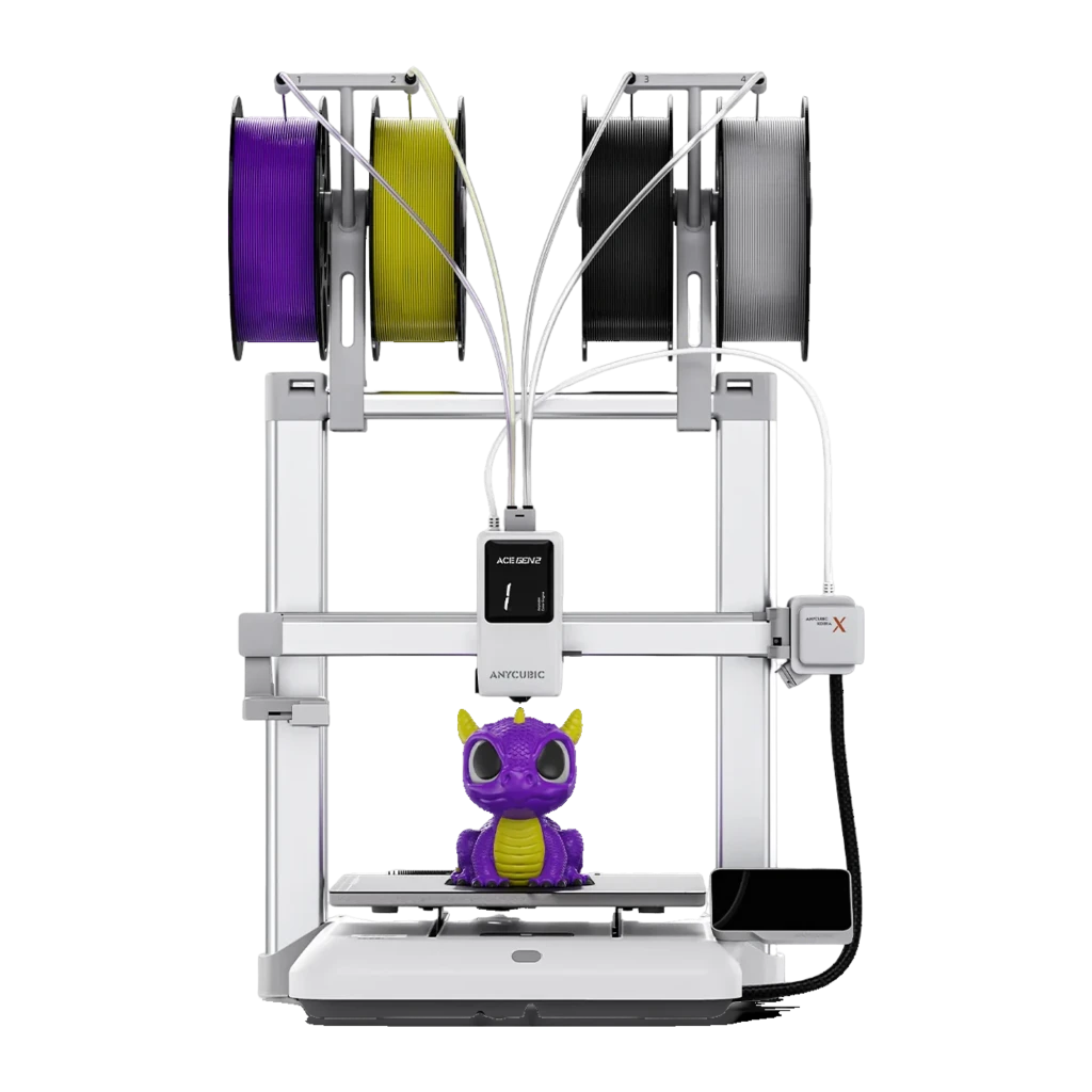 Impresora 3D Anycubic Kobra X ACE GEN 2 4 Colores FDM 600mm/s con cuatro portabobinas, doble extrusión por tubos, marco metálico y figura morada en la base