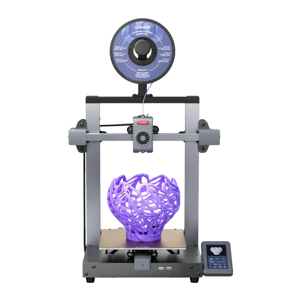 Impresora 3D Longer LK10 FDM con bobina superior, marco metálico, pantalla táctil lateral y pieza púrpura en la base; admite PLA, PETG, ABS, ASA y TPU