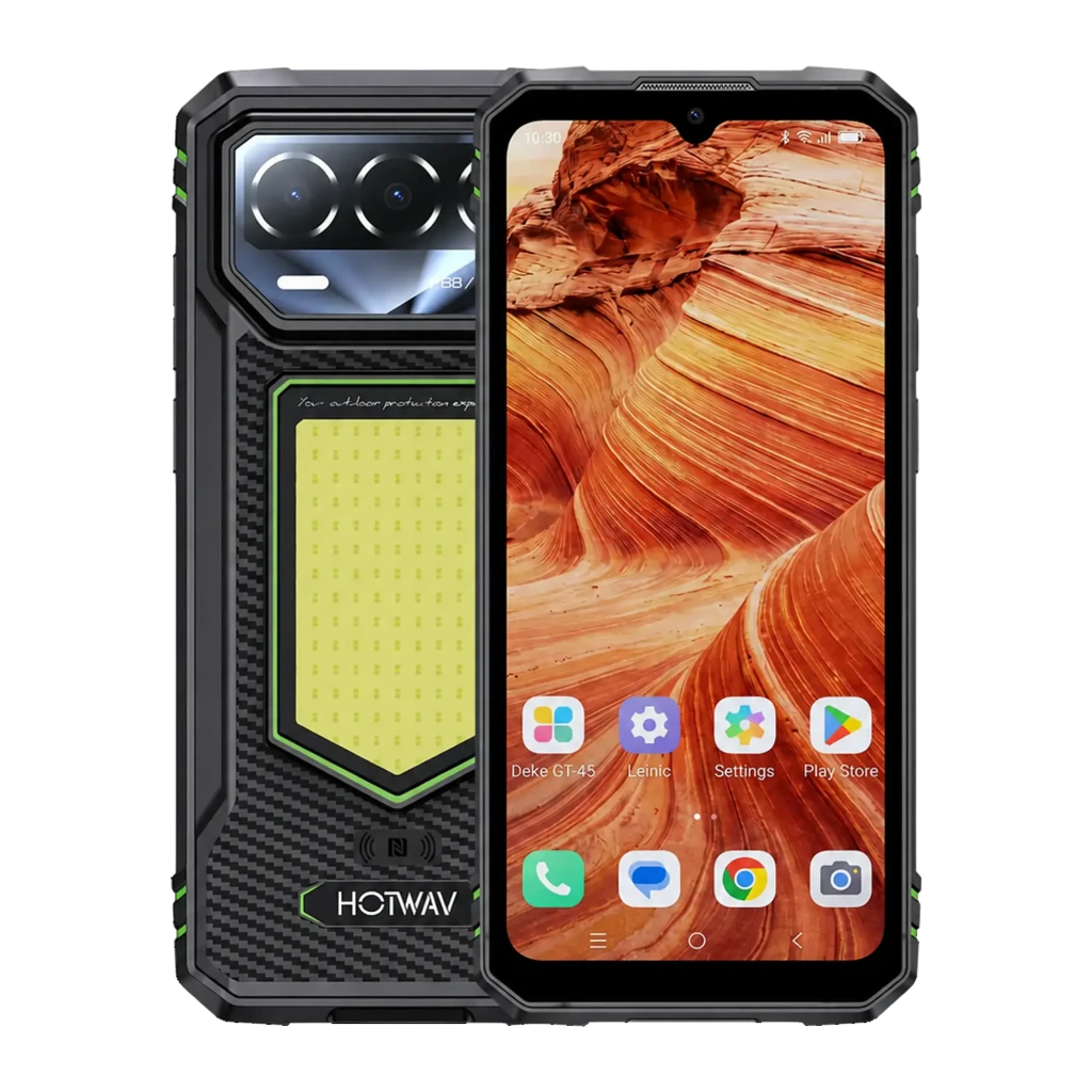 Smartphone rugerizado naranja con pantalla 6,74 IPS 120Hz, módulo de cámaras trasero triple con flash grande, frontal con notch y carcasa texturada