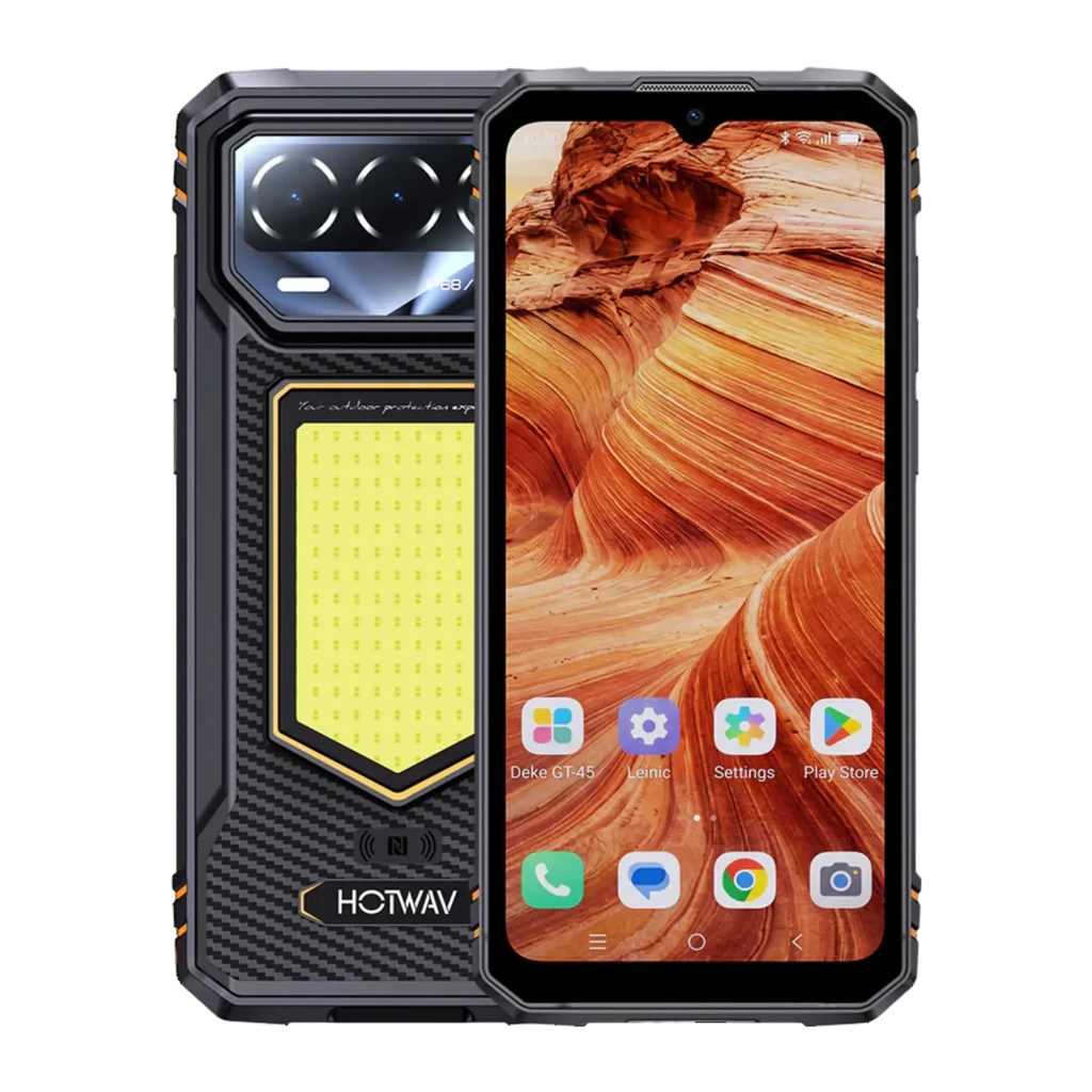 Smartphone rugerizado naranja con pantalla 6,74 IPS 120Hz, módulo de cámaras trasero triple con flash grande, frontal con notch y carcasa texturada