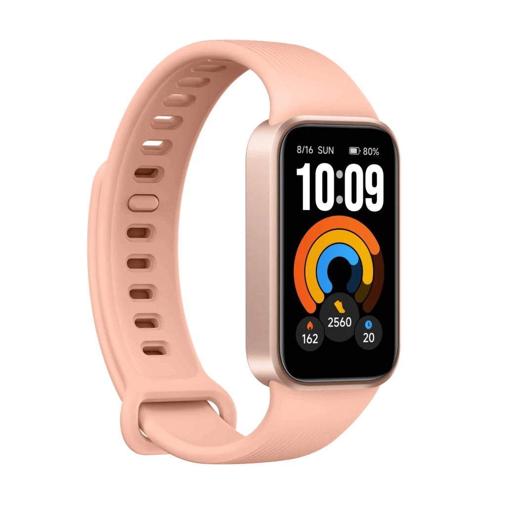 Xiaomi Smart Band 11 Active Rosa con correa de silicona rosada, caja metálica dorada y pantalla rectangular a color con indicadores de pasos, calorías y