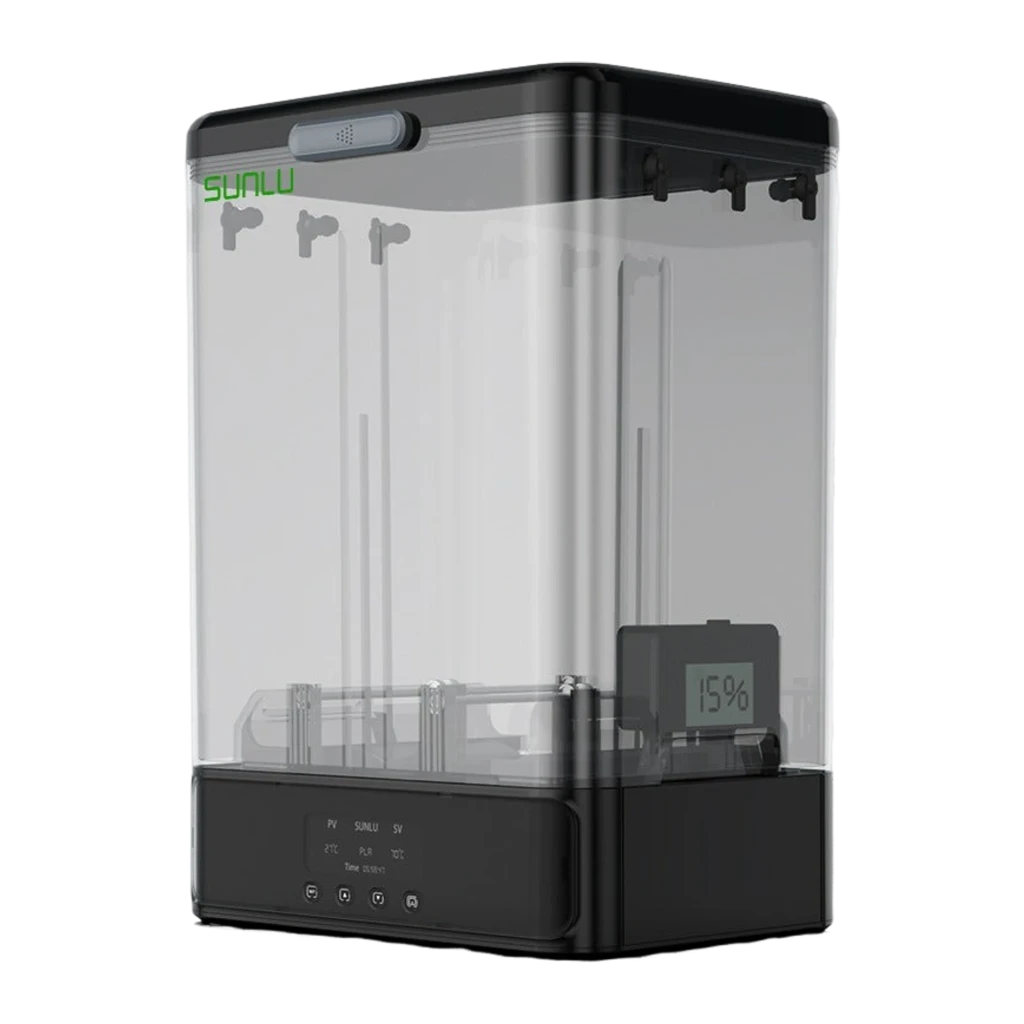 Caja secadora de filamento Sunlu FilaDryer SP2 negra con tapa transparente, panel de control frontal y higrómetro interno digital que muestra 15%