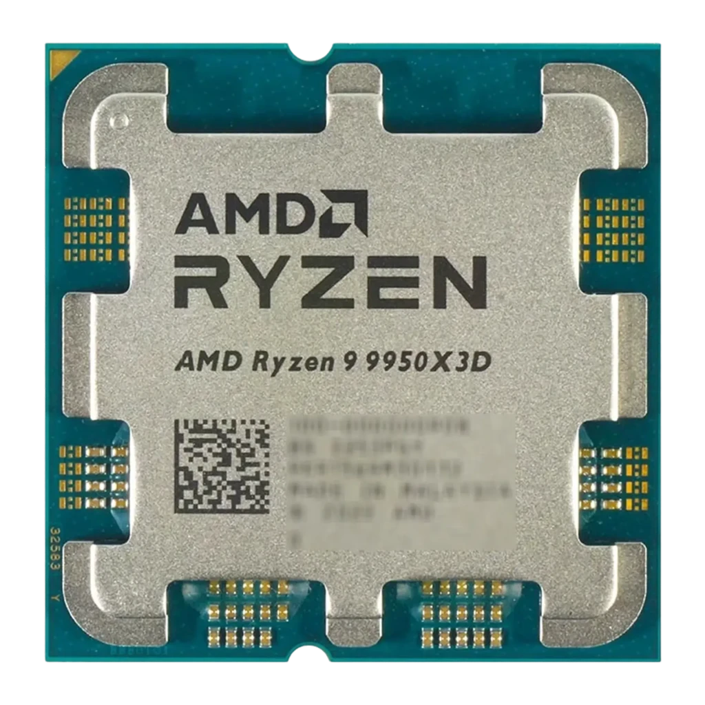 AMD Ryzen 9 9950X3D AM5, vista frontal: IHS plateado con logo AMD Ryzen grabado y código QR visible