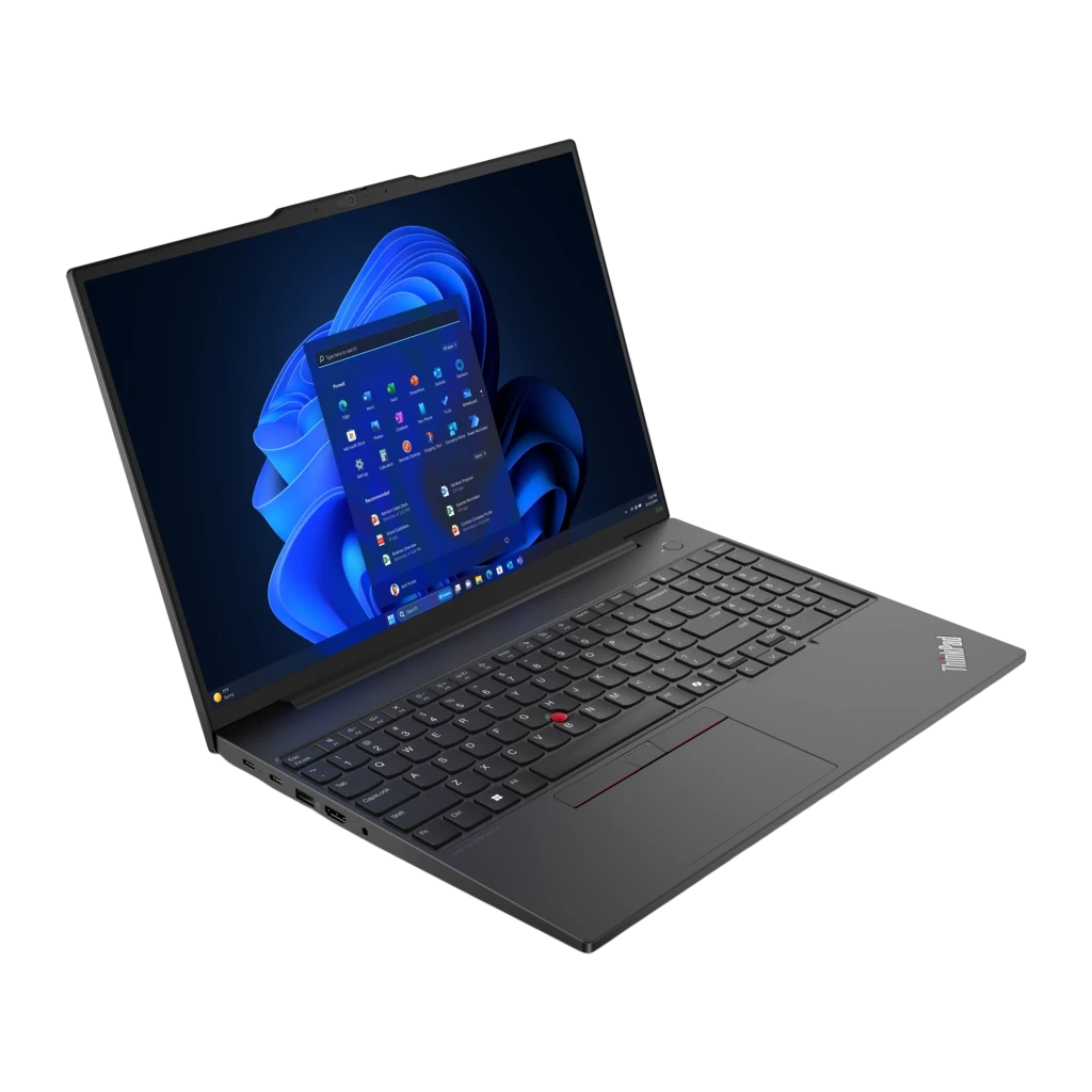 Lenovo ThinkPad E16 Gen 3 512GB negro, vista frontal en ángulo: pantalla con Windows 11, teclado con TrackPoint rojo y