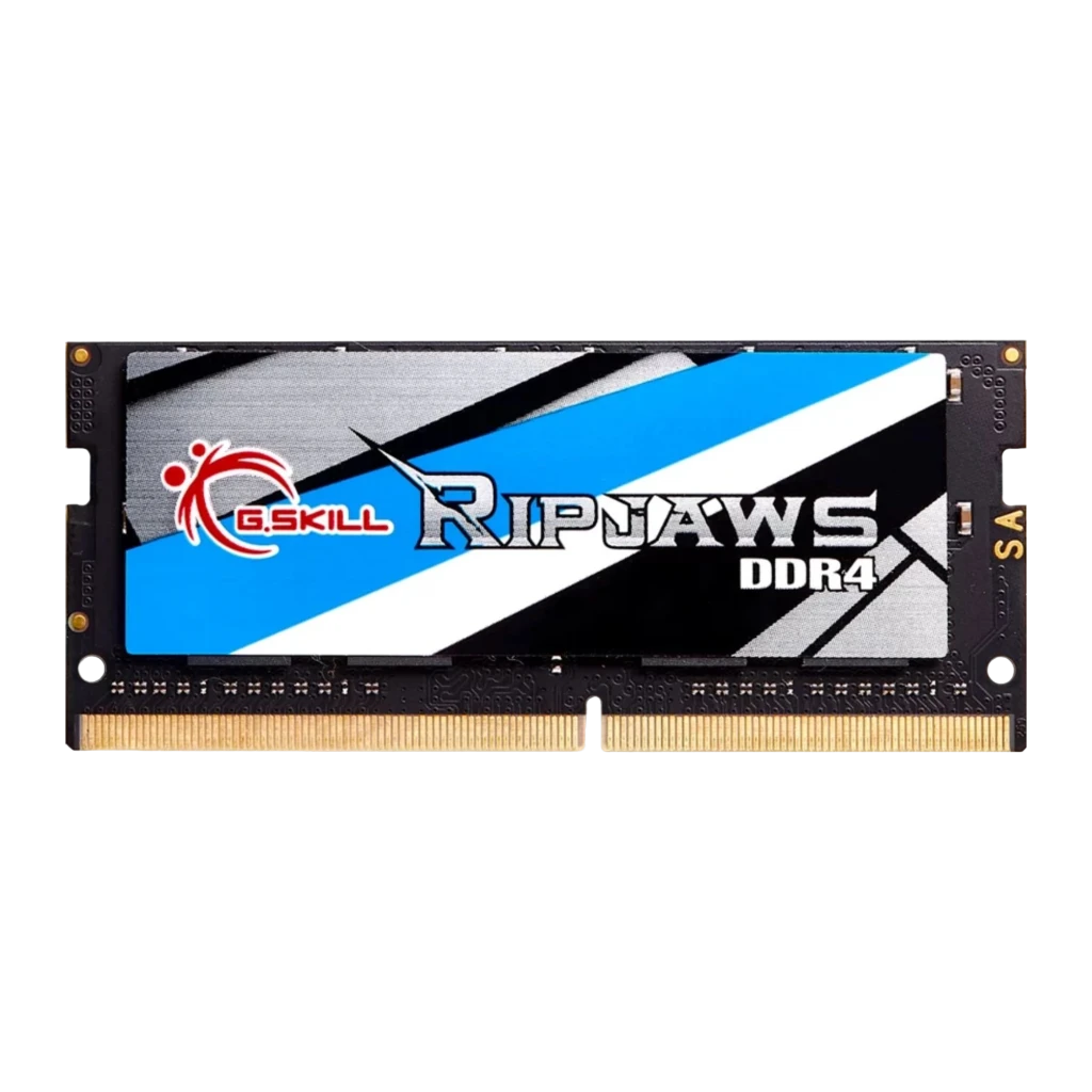 G.Skill Ripjaws SO-DIMM 16GB DDR4-2400MHz, vista frontal: módulo negro con etiqueta azul y plateada, logo y contactos dorados